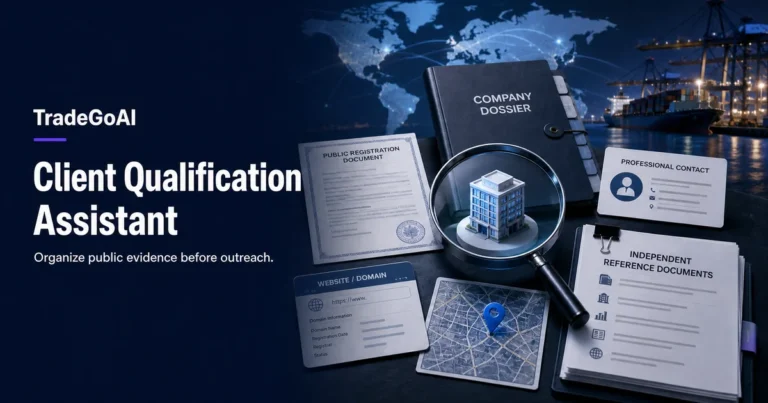 Client qualification research with public company evidence, domain, contact, map, and reference documents