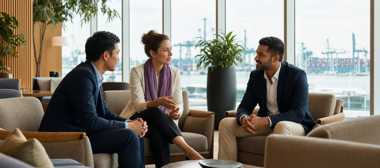 International trade professionals having a face-to-face conversation near a global port