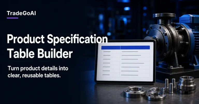 Product Specification Table Builder with an industrial product and structured specification table