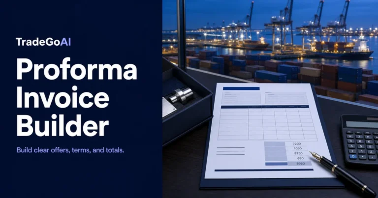 Proforma invoice builder with export offer, totals, and container terminal