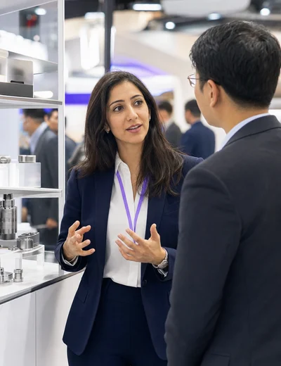 Export sales professional speaking with a buyer at an international trade show
