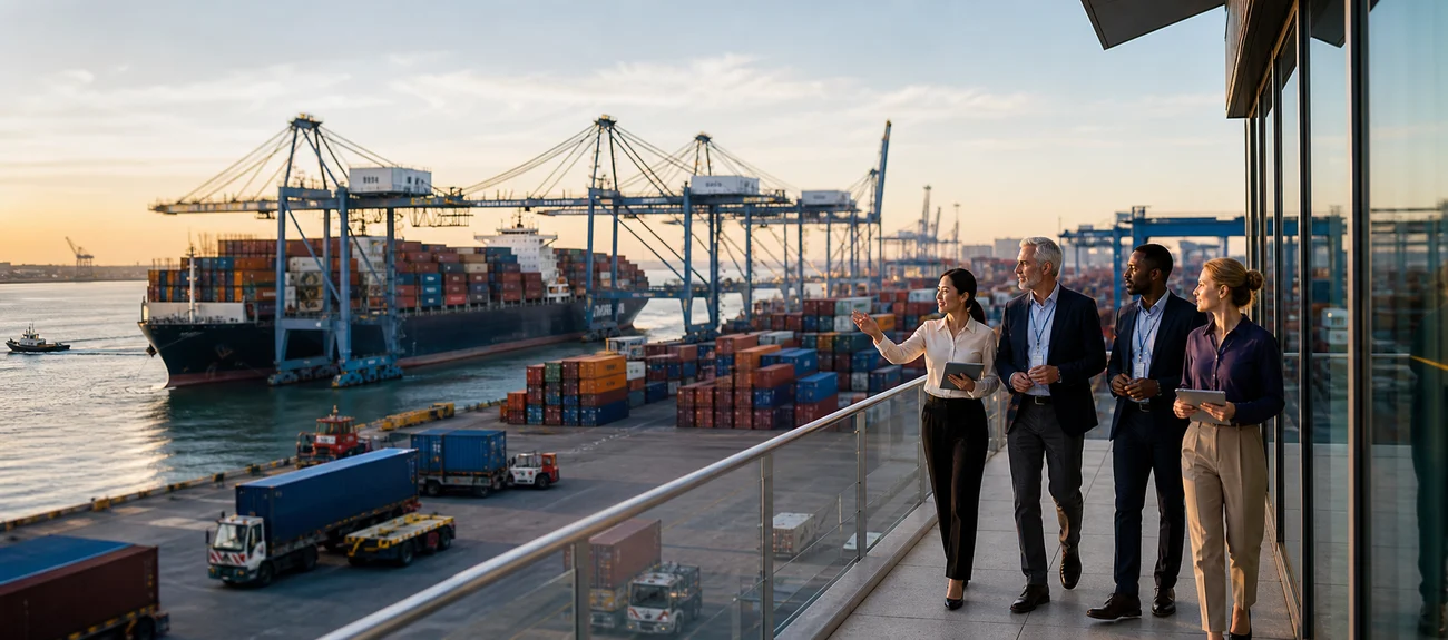 International trade team overlooking an active container port