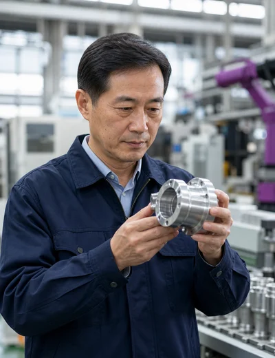 Manufacturing leader inspecting a precision component on a production floor