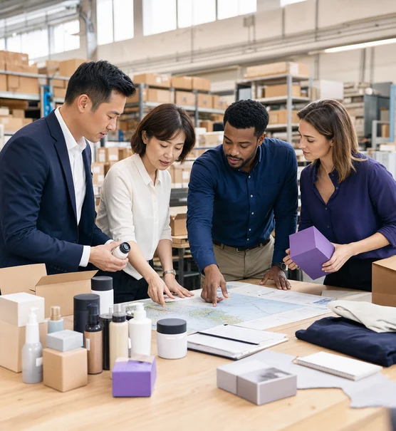 International trade team reviewing products packaging and shipment plans