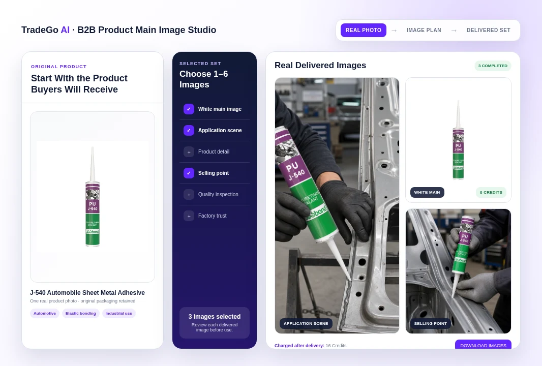 One real sealant product photo and three images delivered by B2B Product Main Image Studio