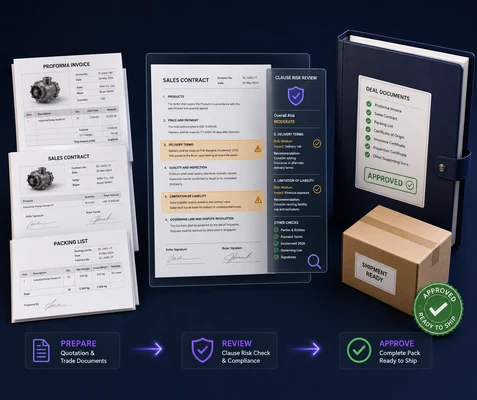 Trade documents prepared, contract clauses reviewed for risk, and shipment documents approved