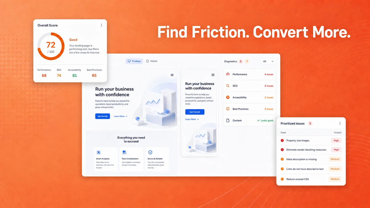 Landing Page Analyzer showing a B2B page review and conversion recommendations