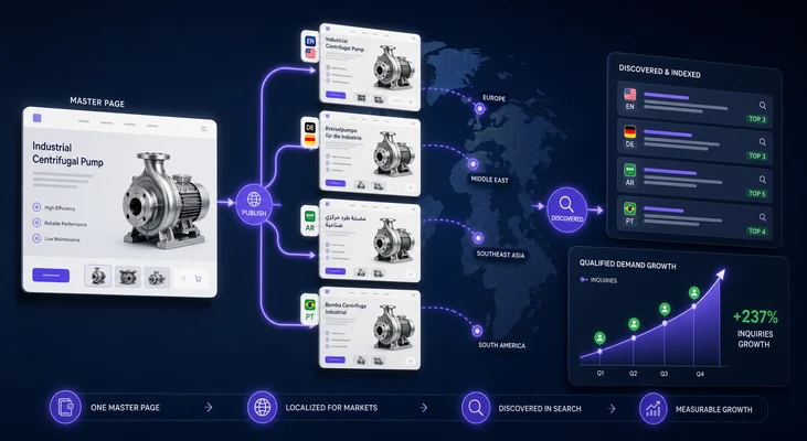 Product page localized across markets, discovered in search, and converted into growing international demand
