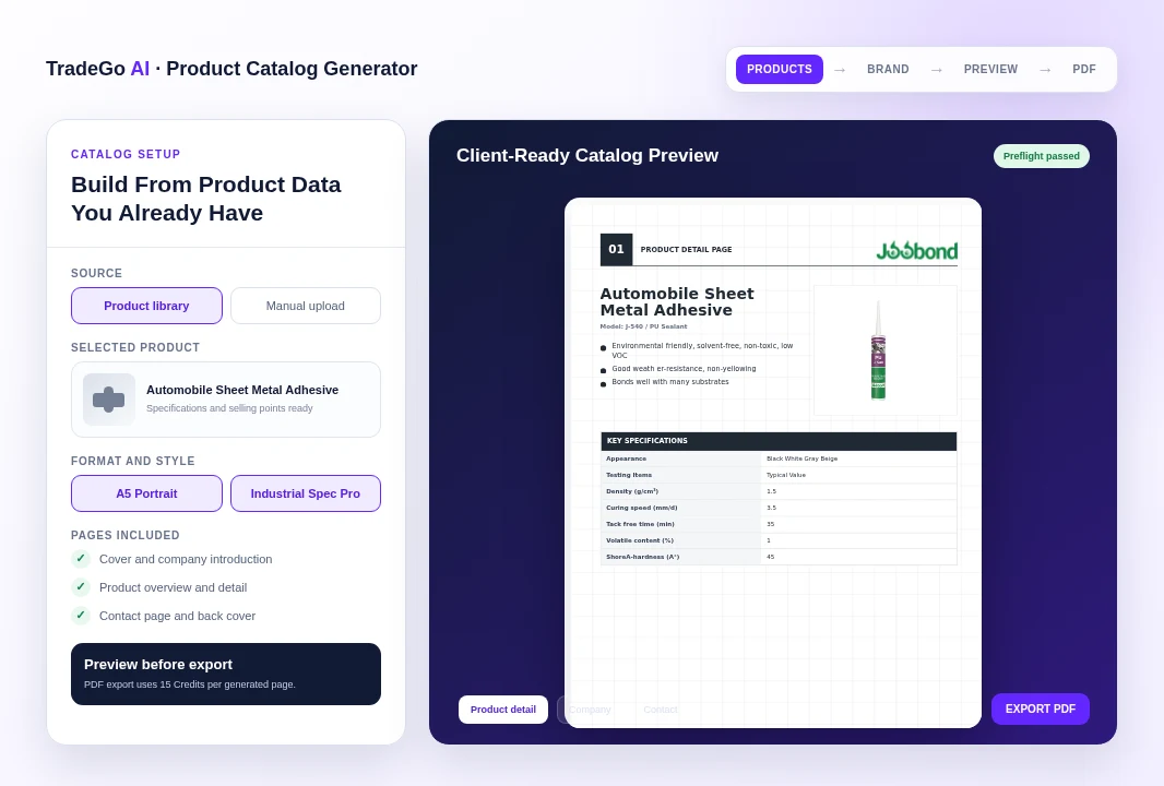 Product Catalog Generator using real product information, catalog controls, preview, and PDF export