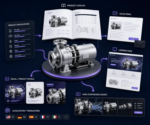 Industrial product turned into a catalog, sales email, landing page, social visuals, and video storyboard