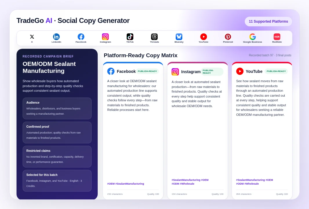 Social Copy Generator supporting X, LinkedIn, Facebook, Instagram, TikTok, Threads, Bluesky, YouTube, Pinterest, Google Business, and RedNote, with a recorded three-platform campaign