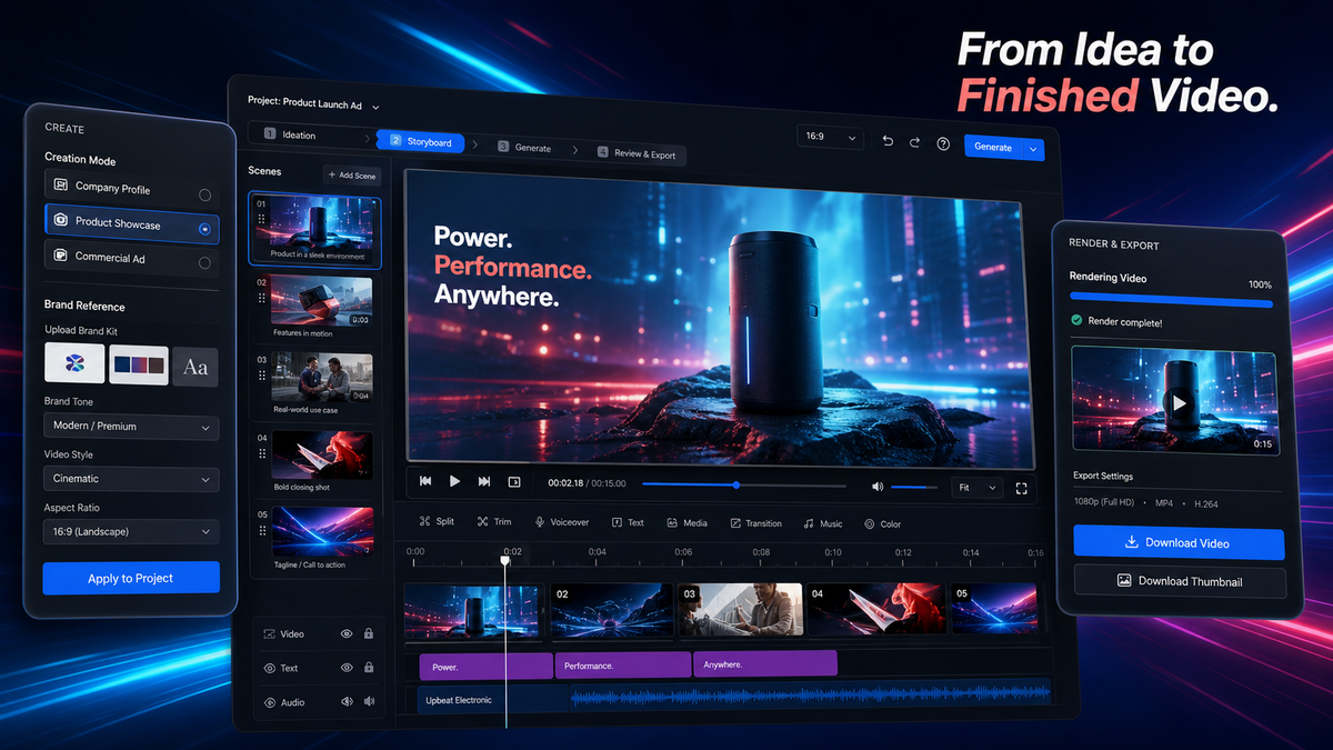 TradeGo Video Studio commercial video planning, storyboard, production, and delivery workspace