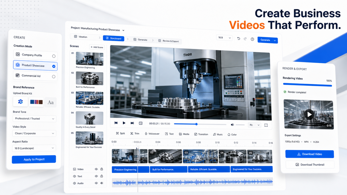 TradeGo Video Studio product video storyboard, timeline, and export workflow