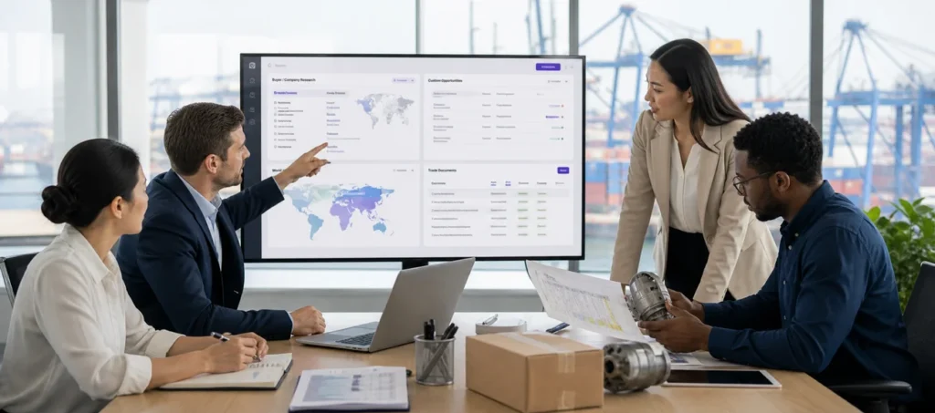 International trade team using TradeGoAI for buyer research, customer opportunities, market analysis, and trade documents