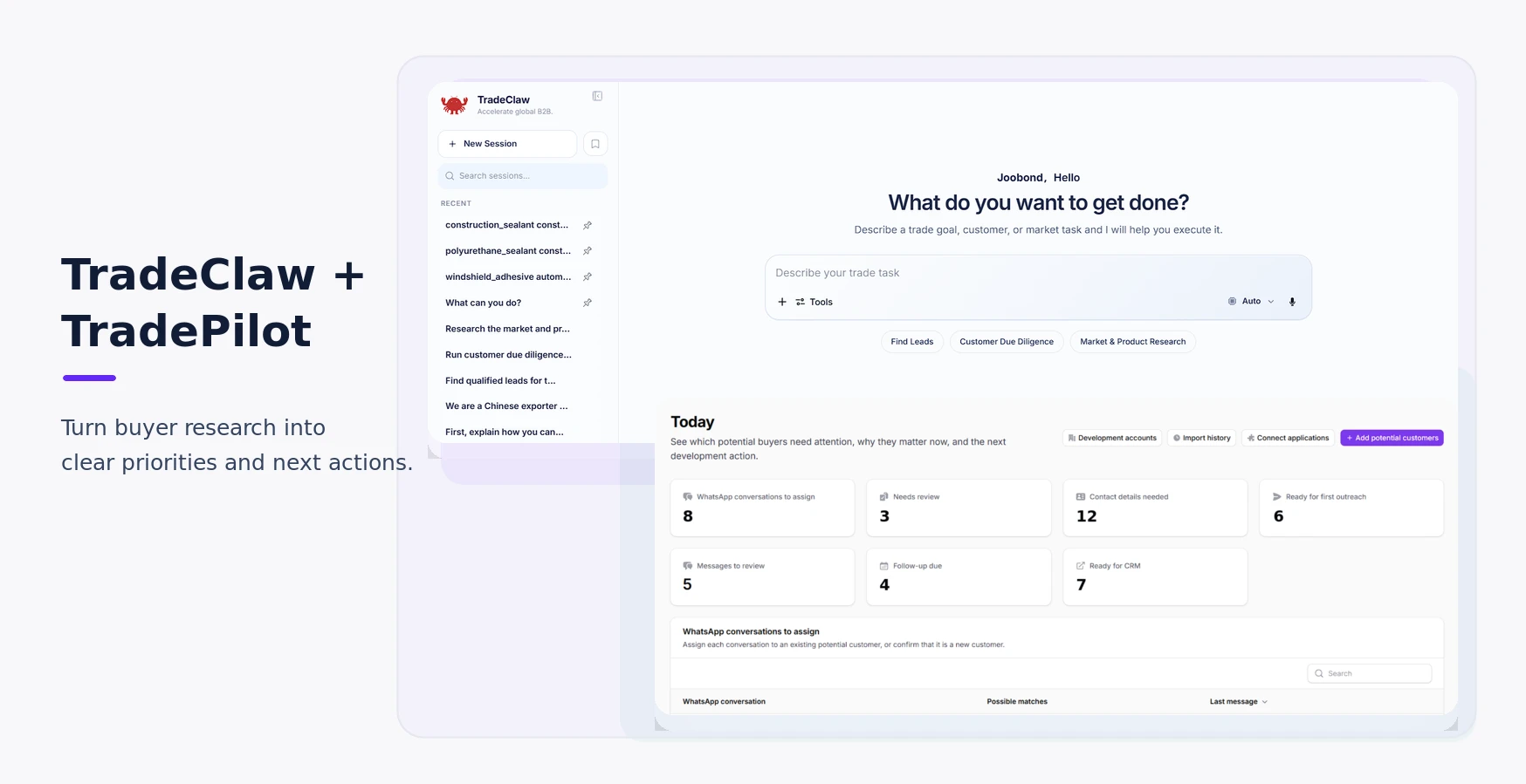TradeClaw task workspace connected to the TradePilot buyer development dashboard