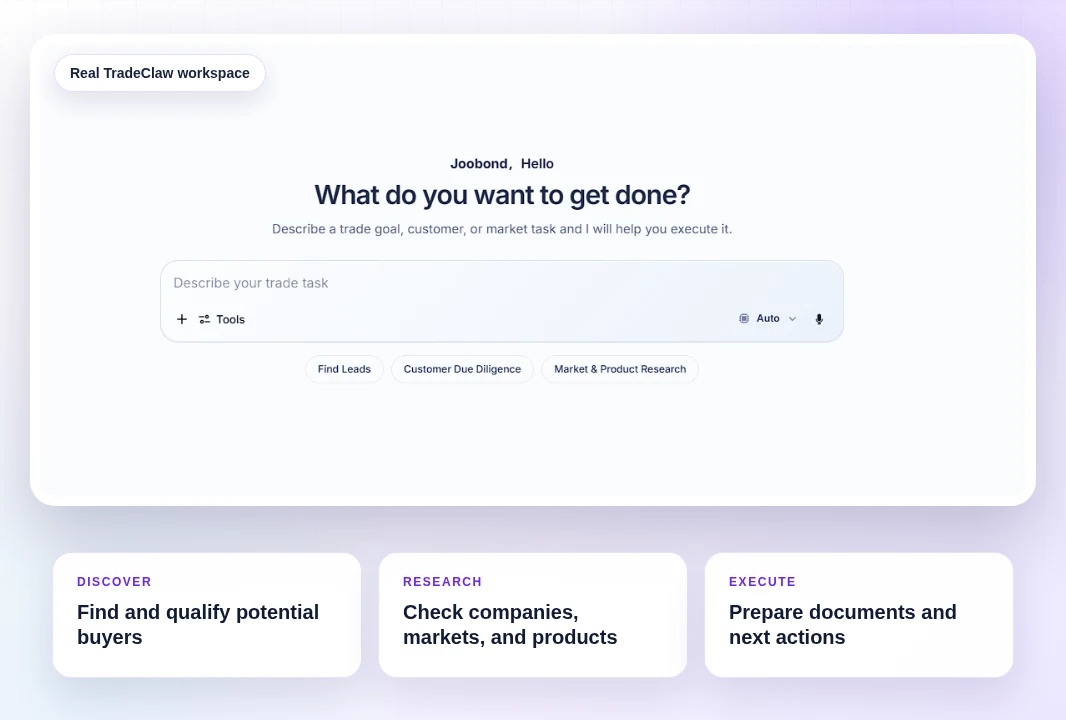 Real TradeClaw workspace for international trade research and execution