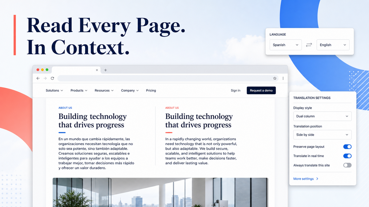 Browser page with source content, translated content, and translation settings