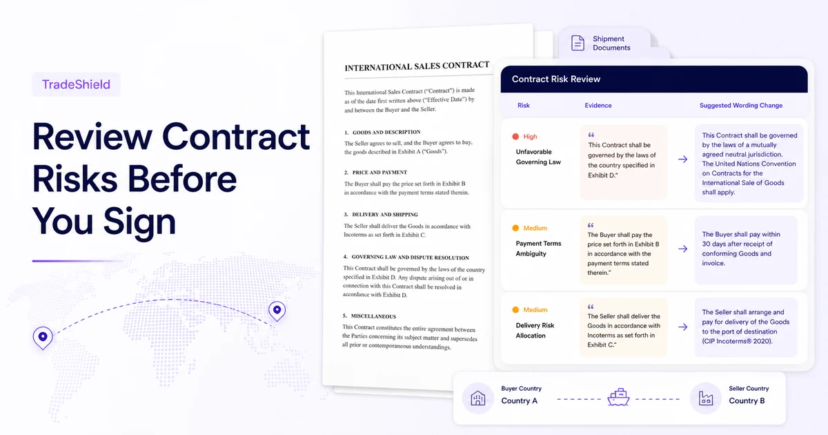 International sales contract beside a structured TradeShield risk review with evidence and suggested wording
