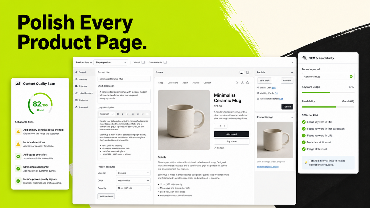 WooCommerce product content health scan, formatting preview, and product-page workflow