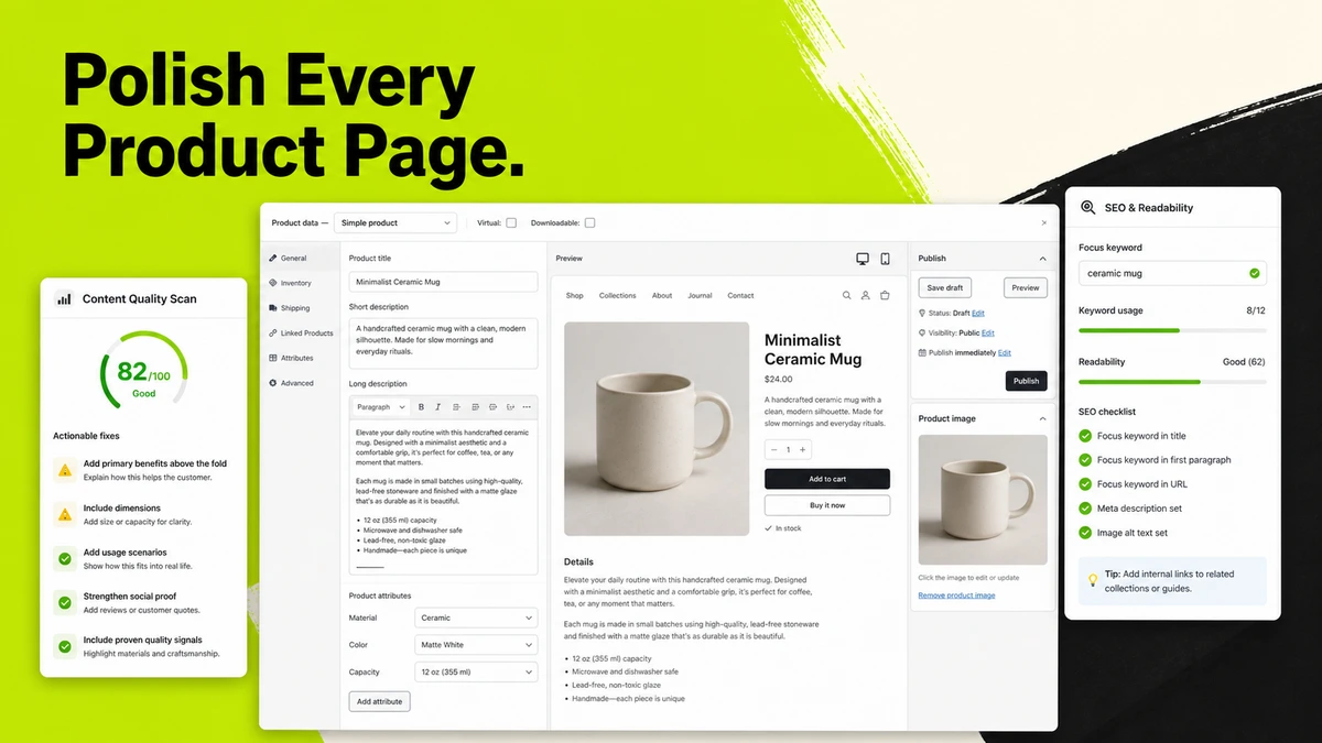 WooCommerce Product Formatter Plugin catalog scan, product editor, content preview, and SEO collaboration workflow