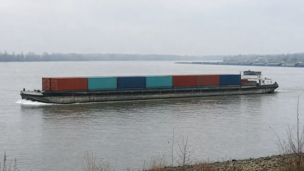 Sà lan container đường thủy nội địa chở đầy hàng đang di chuyển trên một con sông rộng, nhìn từ bờ
