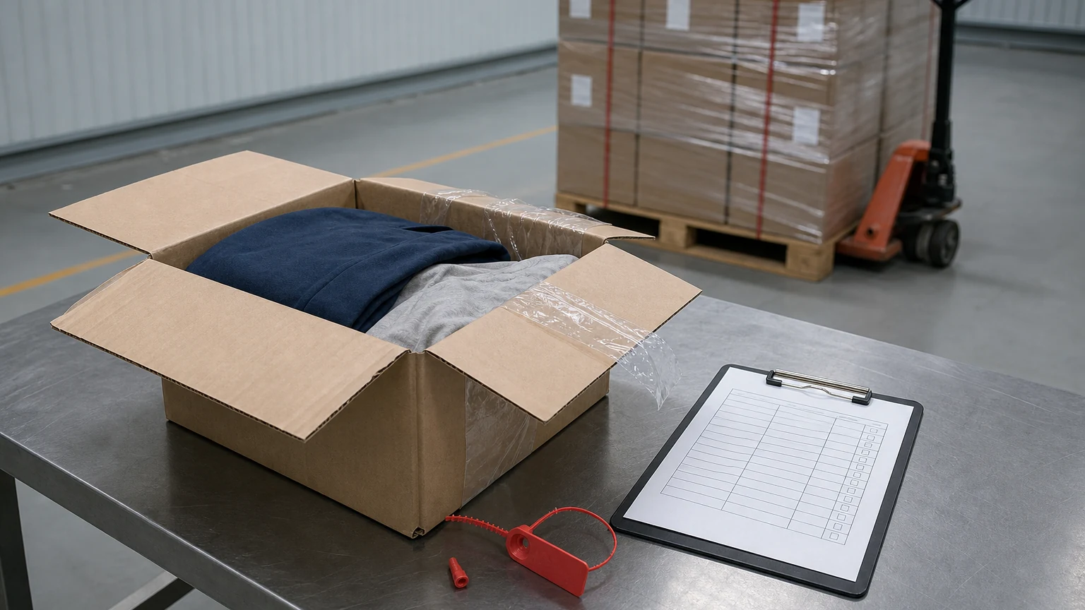 Opened carton under customs inspection beside a broken tamper seal and an inspection checklist