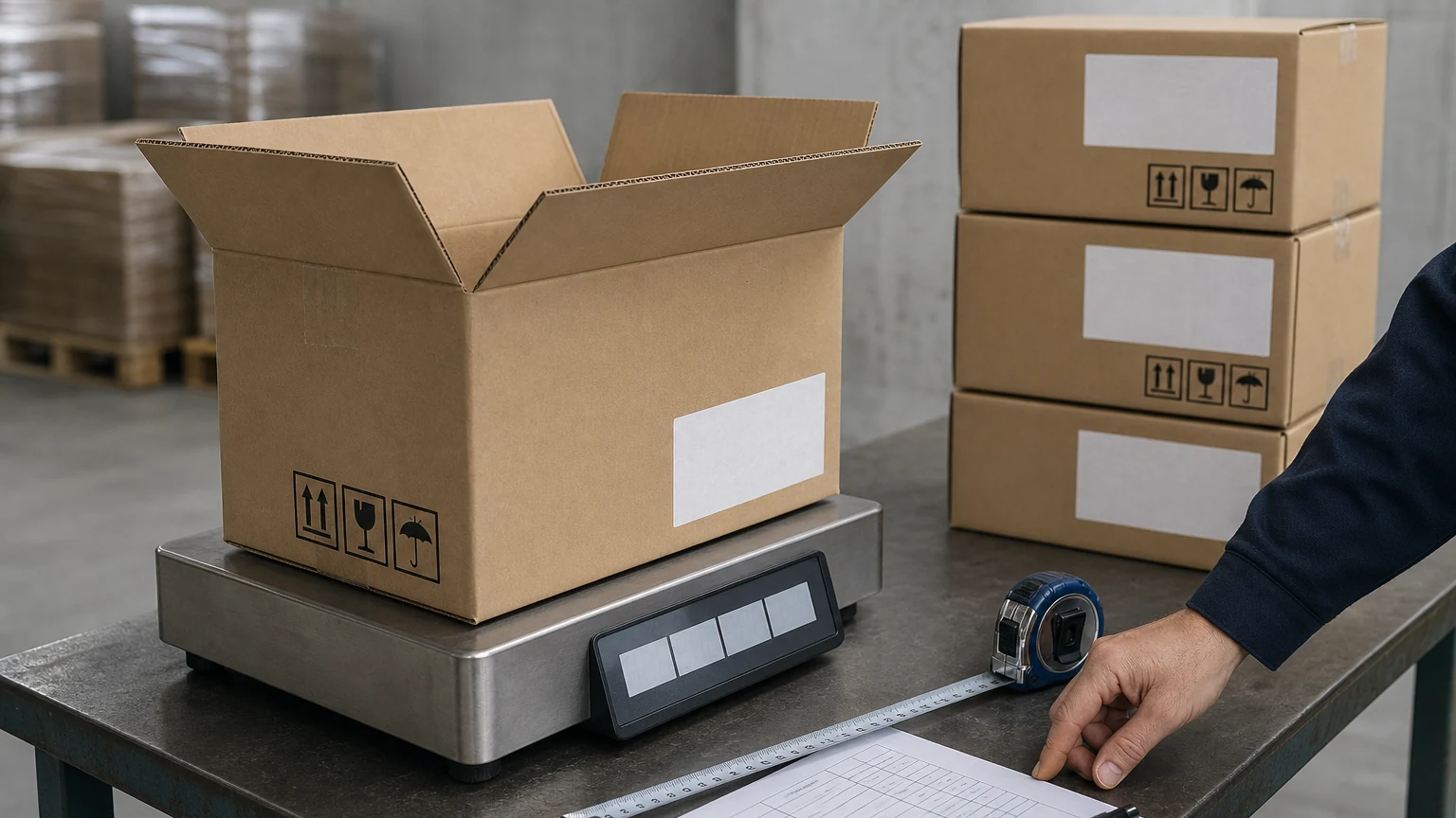 Open carton on a platform scale being measured with a tape measure beside a packing list sheet