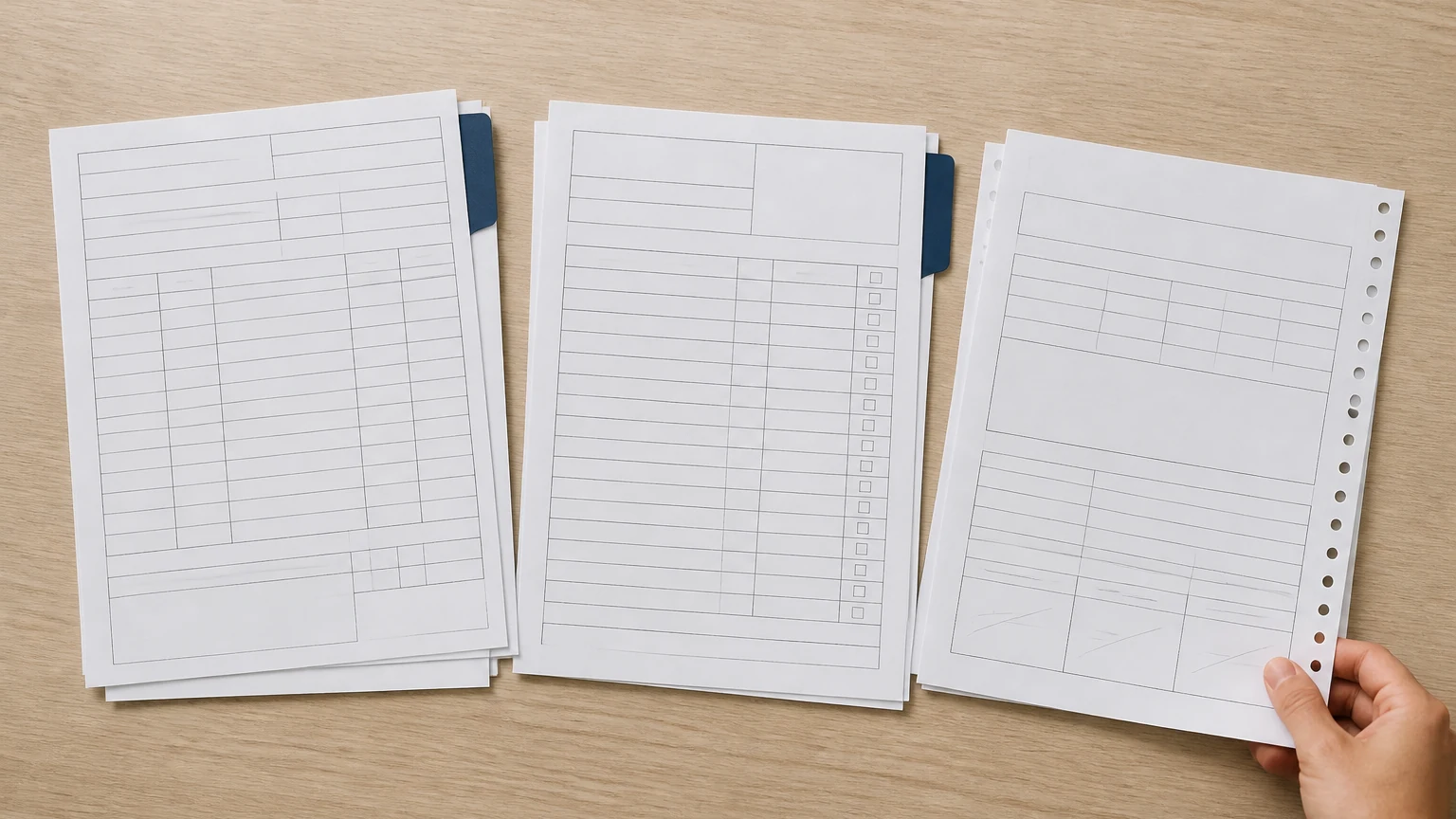 Export document set laid out in three groups on a desk: commercial invoice, packing list and bill of lading