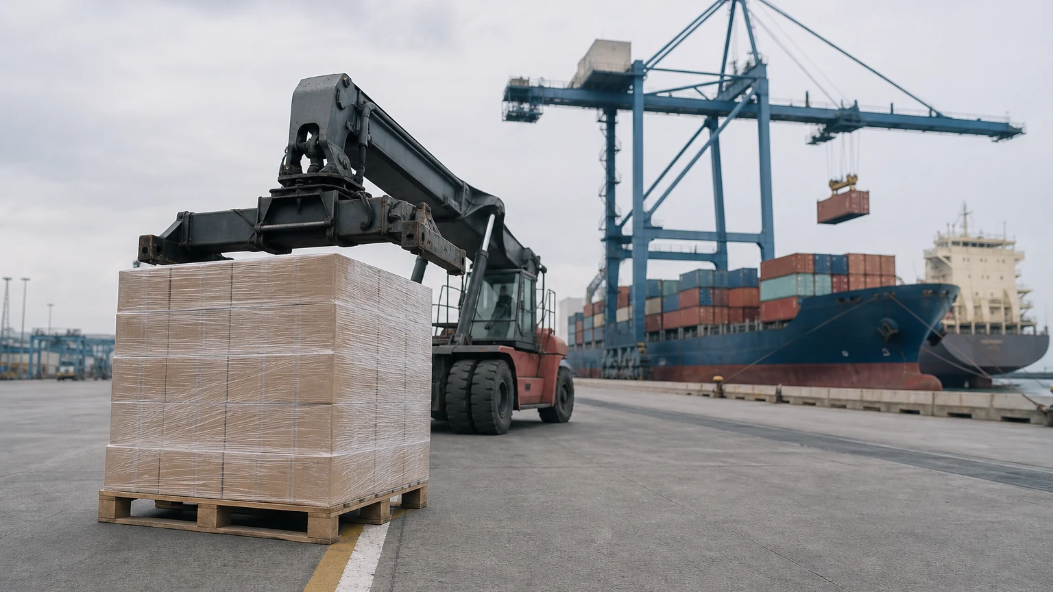 Palletised cargo crossing a painted quay line towards a container crane and container ship