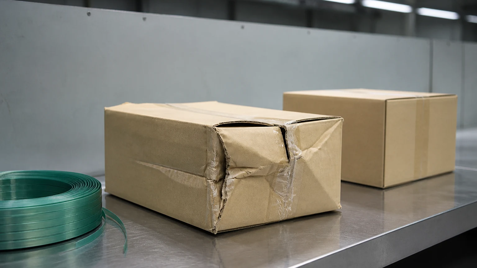 Thùng carton bị móp góc và rách đường ghép, đặt cạnh một thùng carton không bị hư hỏng trên bàn kiểm tra