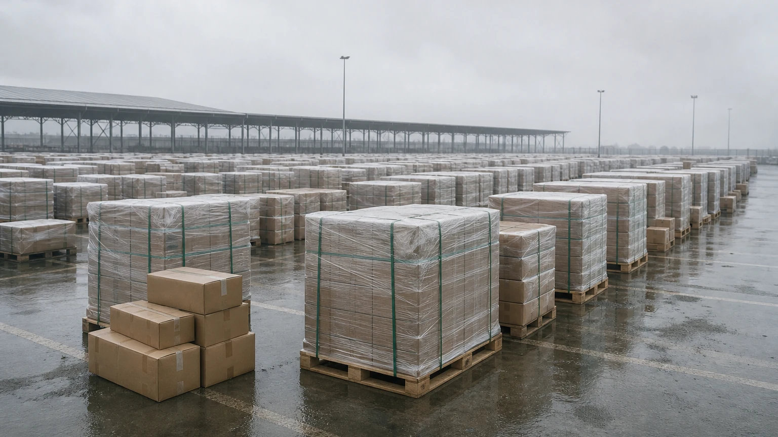 Các dãy lô hàng xuất khẩu đóng trên pallet, được bọc kín và tập kết trên khu vực trung chuyển cầu cảng ướt