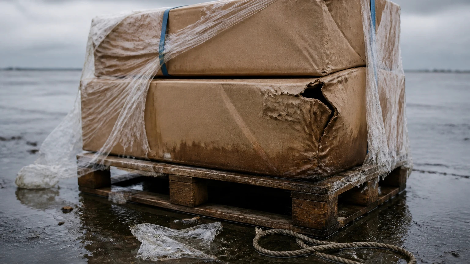 Các thùng carton bị nghiền nát và ố nước, màng bọc co bị rách trên pallet sau khi hư hỏng do quá trình xử lý