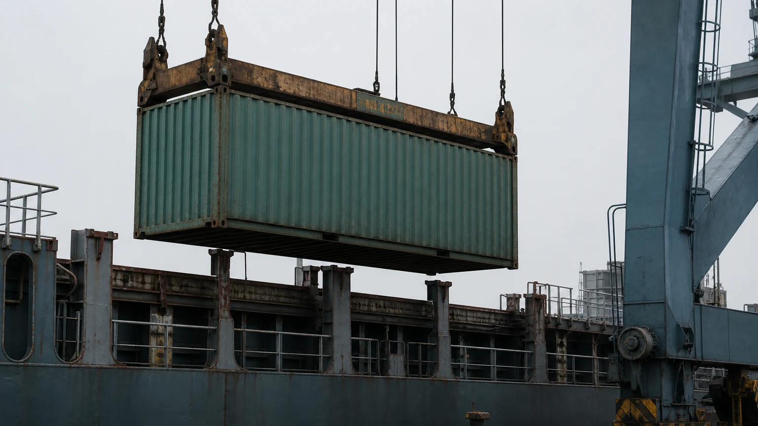 Cẩu giàn hạ một container vận chuyển lên boong tàu tại bến container