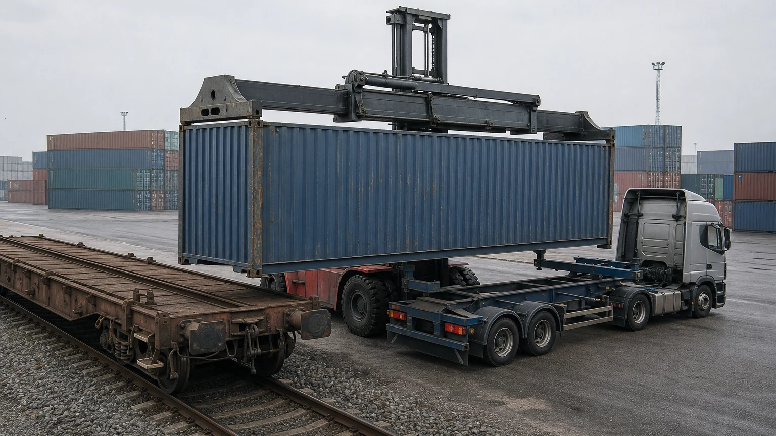 Xe nâng container chuyển một container từ toa xe lửa sang rơ-moóc đường bộ tại bãi liên vận
