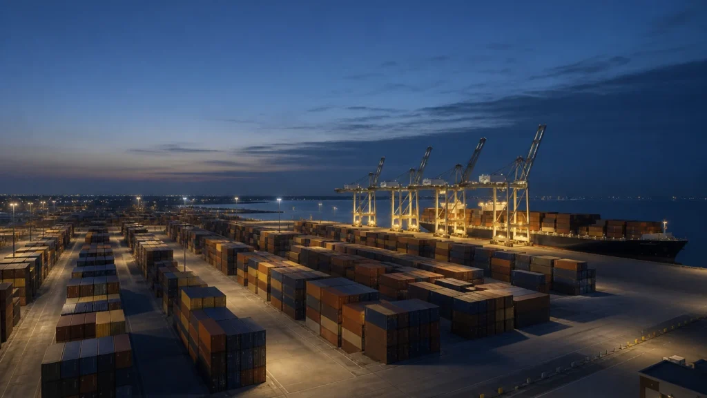 Toàn cảnh từ trên cao của một bến container lúc chạng vạng, với các cẩu giàn được chiếu sáng và những container xếp chồng
