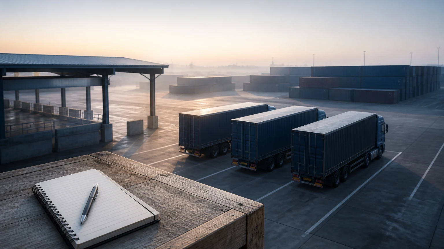 Bãi container với các xe tải đang xếp hàng, cần cẩu giàn và một tàu container đang neo tại cầu cảng