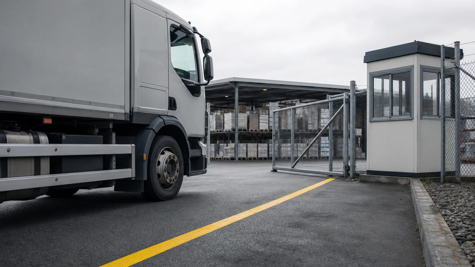 Xe nâng đang đưa một pallet được bọc màng vào rơ-moóc tại khu vực bốc hàng của kho