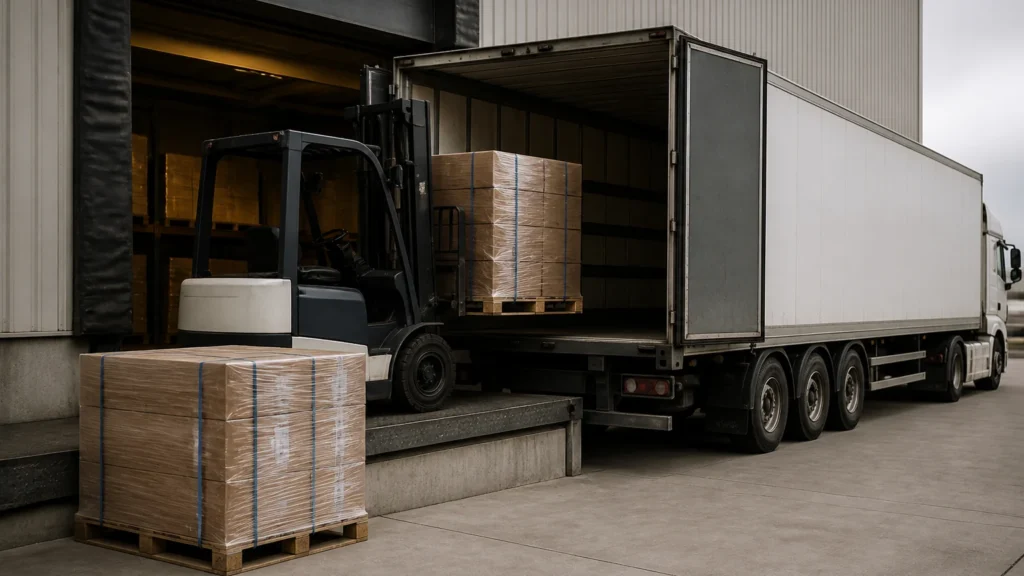 Bãi logistics lúc bình minh với các xe đầu kéo moóc đỗ, container xếp chồng và một cuốn sổ đặt trên thùng gỗ