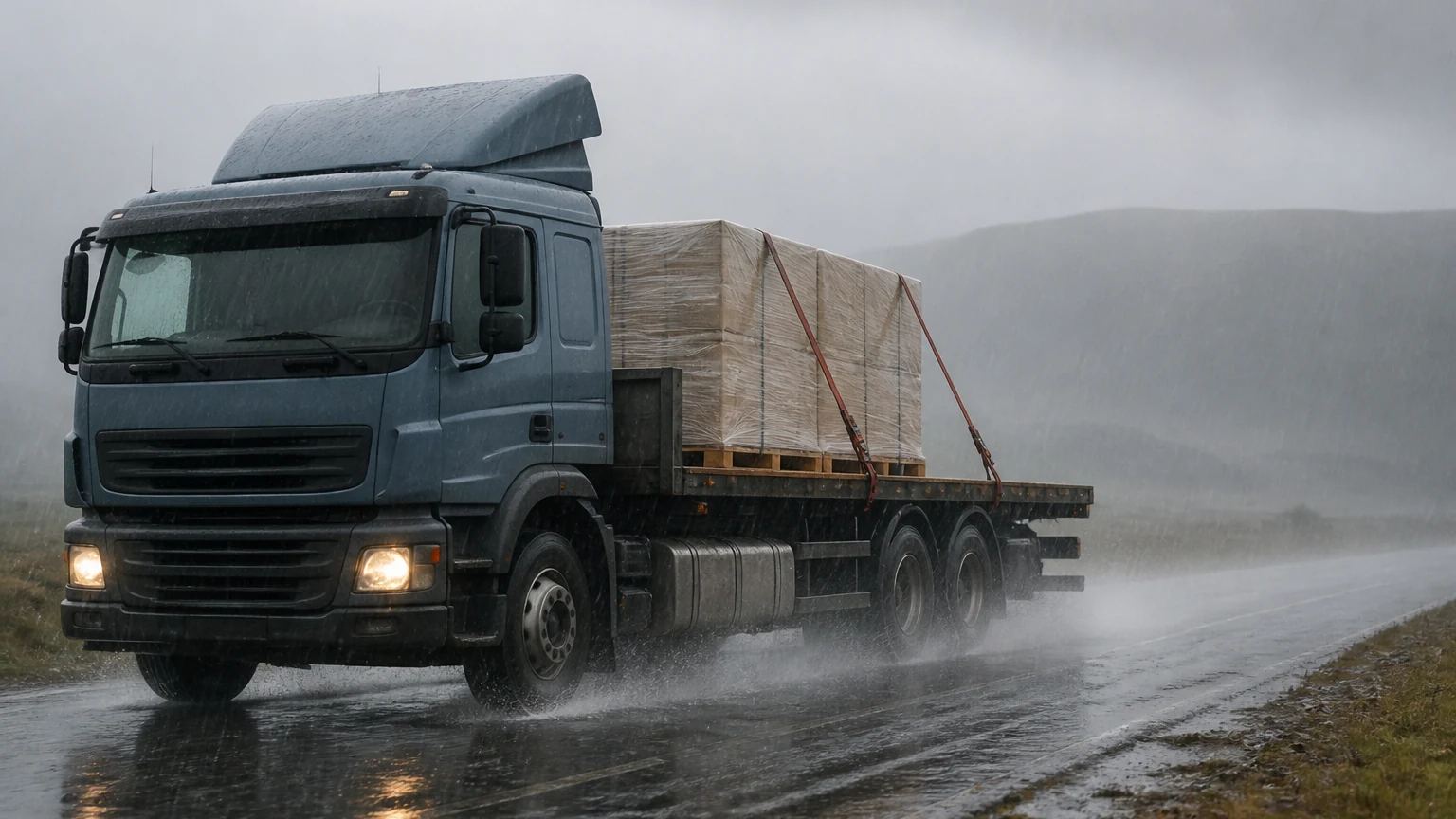 Xe tải dừng tại vạch cổng sơn bên cạnh nhà bảo vệ của cổng khu logistics