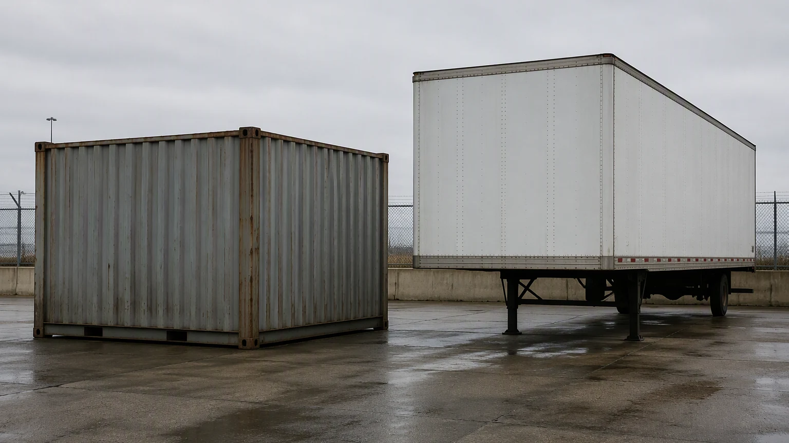 Một container vận tải đường biển đặt trên mặt đất cạnh rơ-moóc thùng của xe tải nội địa đang chống trên các chân đỡ tại bãi vận tải
