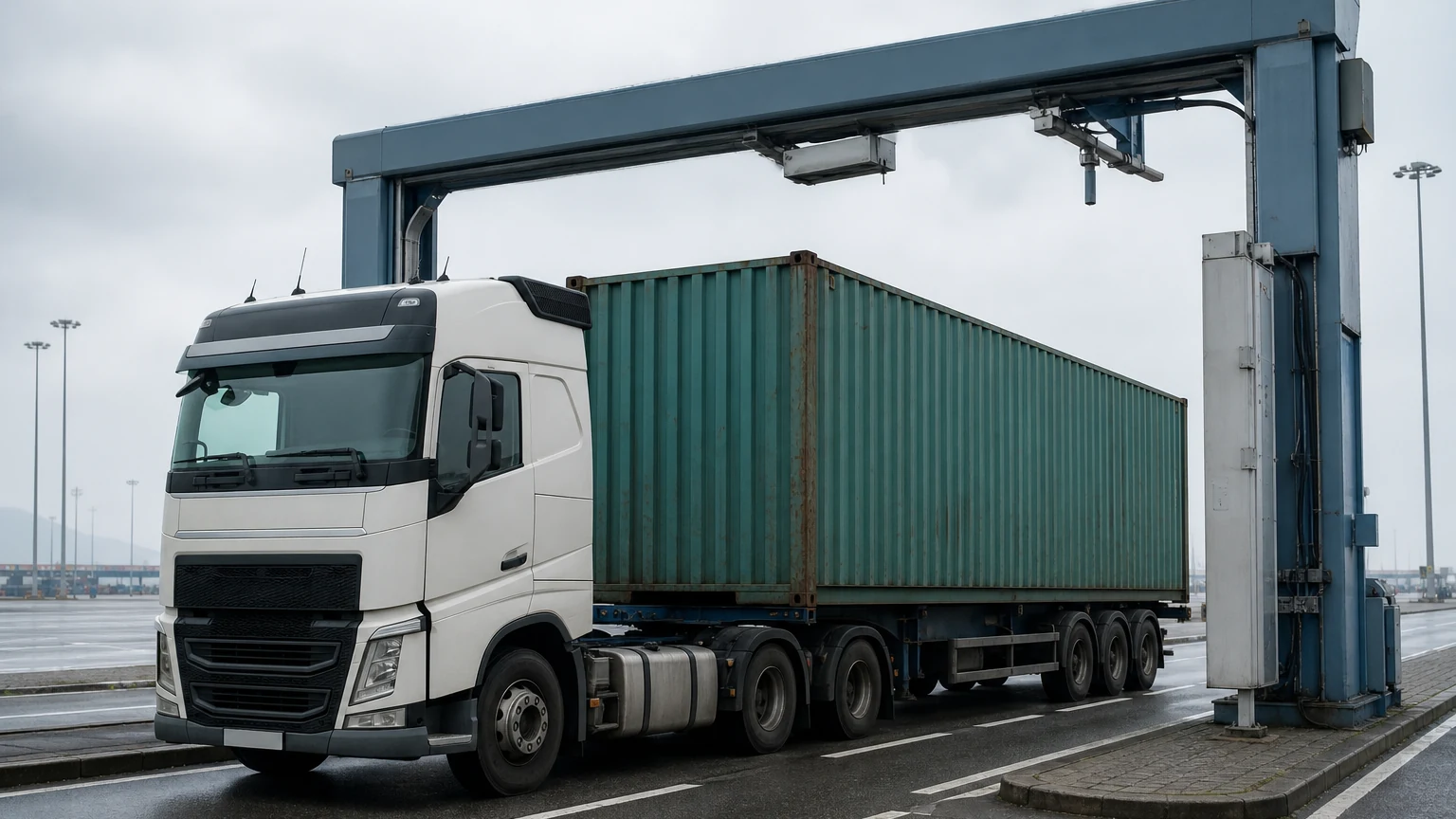 Xe container đi qua cổng quét kiểu giàn tại một cảng nhập cảnh