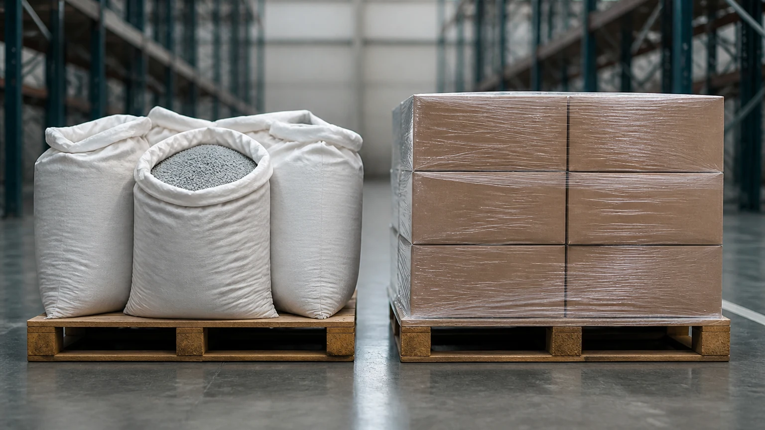 Hai pallet trong kho, bên cạnh các hạt nguyên liệu đóng bao là những kiện thành phẩm được bọc và đóng hộp