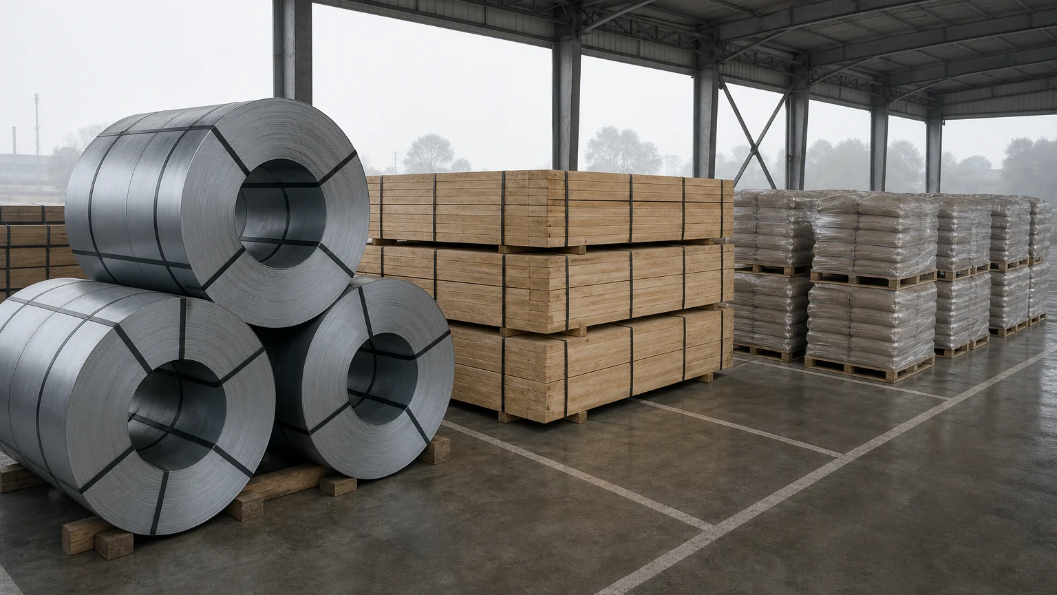 Các cuộn thép, bó gỗ được đai束 và hàng đóng bao xếp trên pallet được lưu trữ cạnh nhau trong một nhà kho hàng hóa có mái che