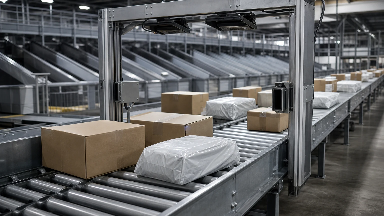 Các kiện hàng hỗn hợp di chuyển trên băng chuyền phân loại qua cổng quét trong trung tâm phân phối