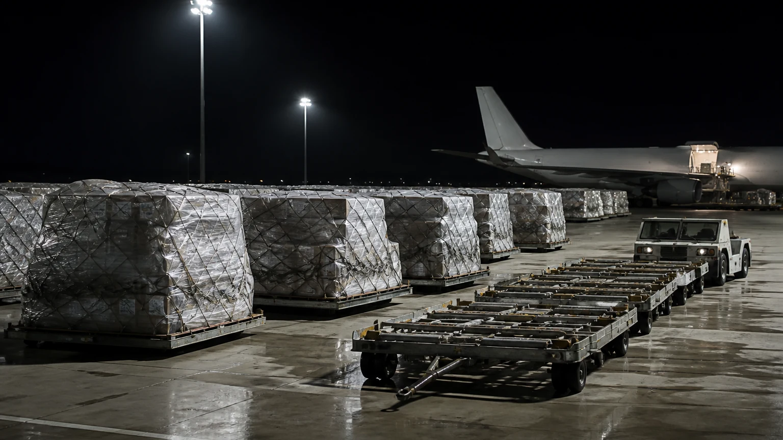 Các pallet hàng hóa vận chuyển bằng đường hàng không được bọc màng co, đặt trên xe đẩy dưới ánh đèn pha tại sân đỗ hàng hóa hàng không vào ban đêm