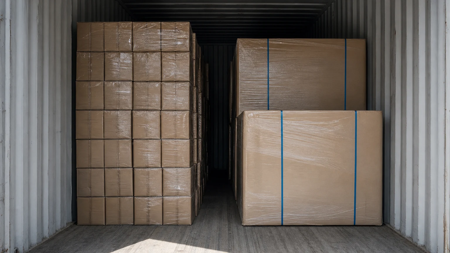 Bên trong container với các thùng carton xếp dày đặc bên cạnh những thùng carton lớn, nhẹ, minh họa sự khác biệt giữa trọng lượng và thể tích