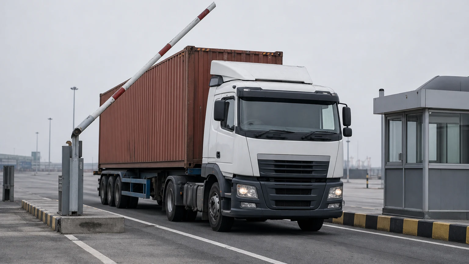Xe container đi qua làn cổng ra vào cảng bên dưới thanh chắn đang được nâng lên