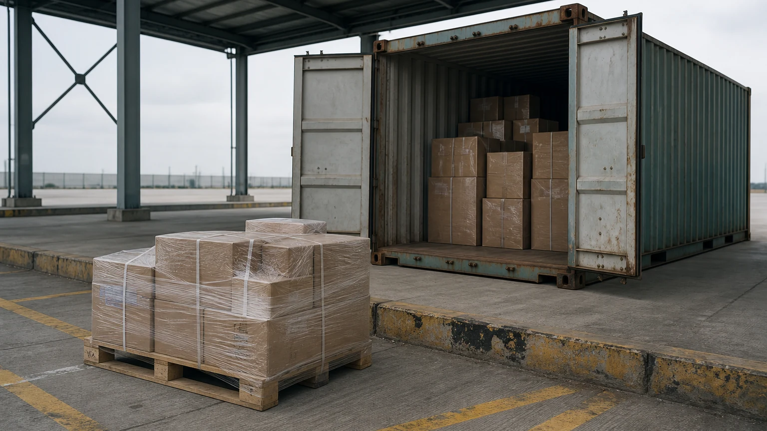Container mở cửa tại khu vực kiểm tra hải quan, với hàng hóa được dỡ xuống mặt đất