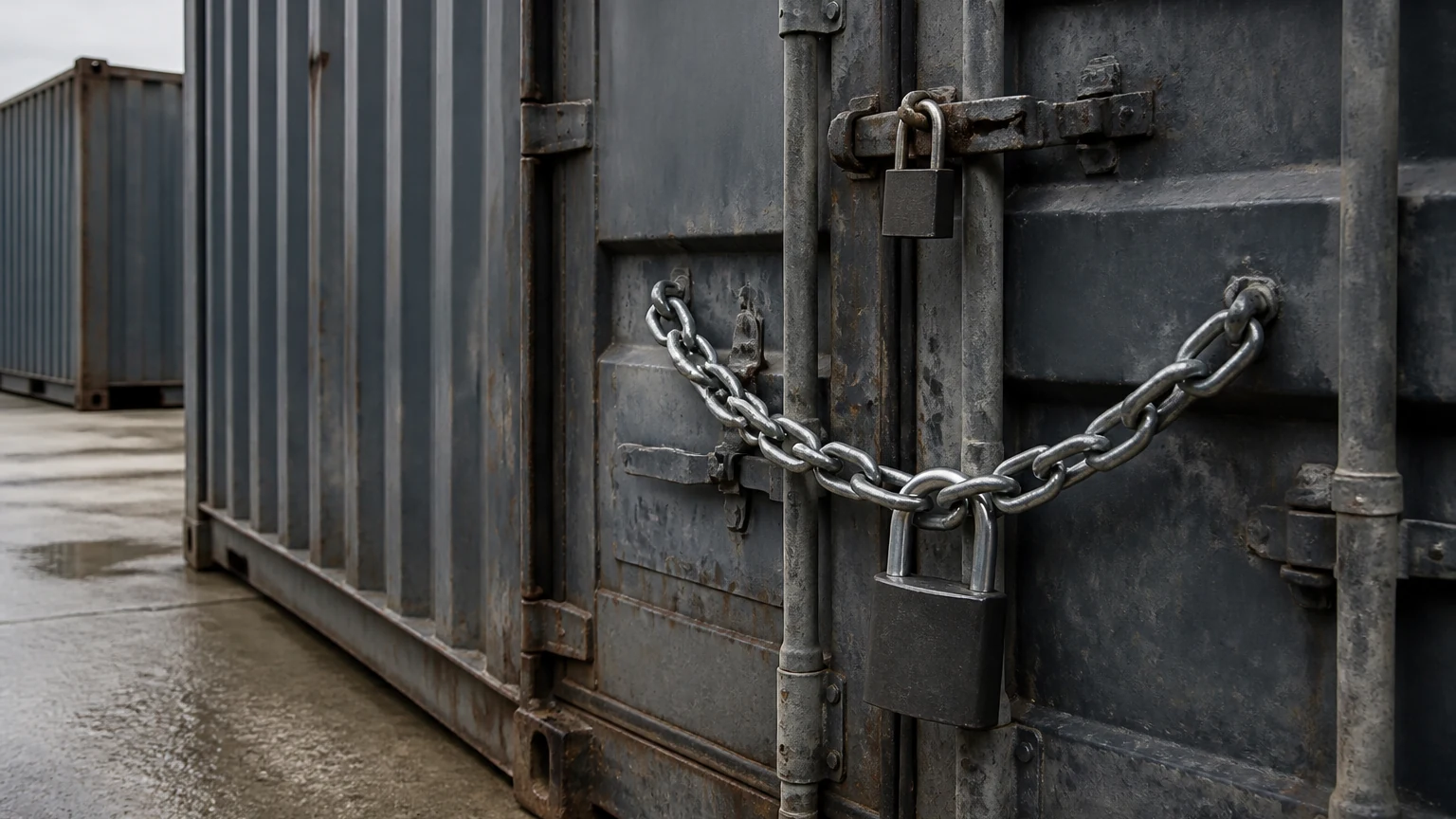 Cửa container thép được niêm phong, khóa bằng một sợi xích mạ kẽm chắc chắn và hai ổ khóa