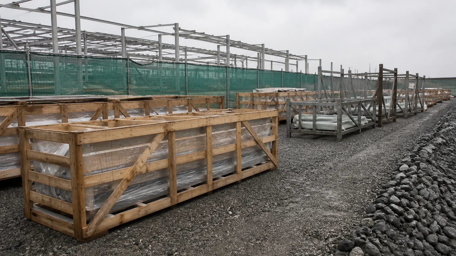 Construction site materials laydown area with timber-crated machine sections and steel stillage frames staged on a gravel pad